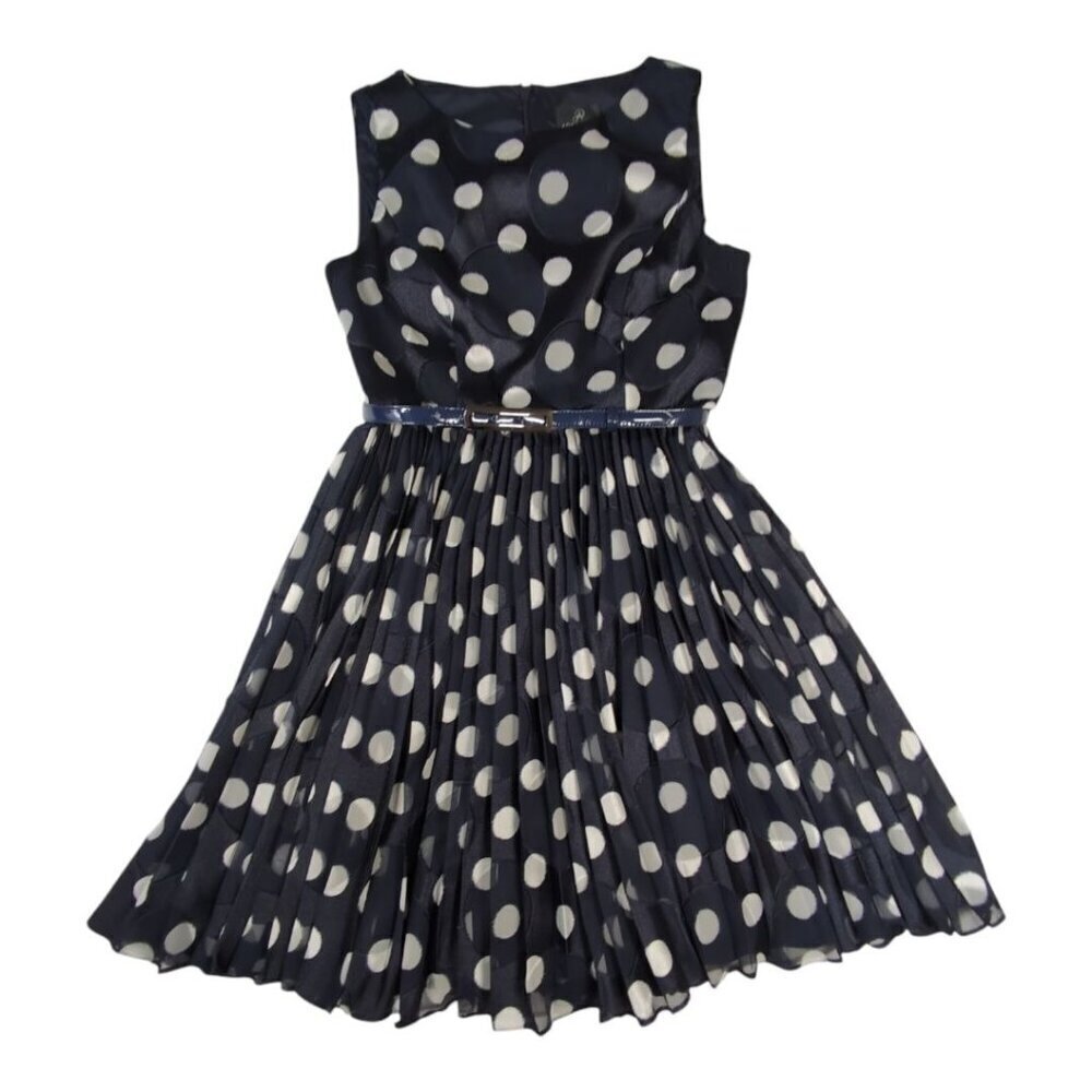Adrianna Papell Dress Pleated Burnout Polka Dot Sleeveless Belt Navy Womens 6p